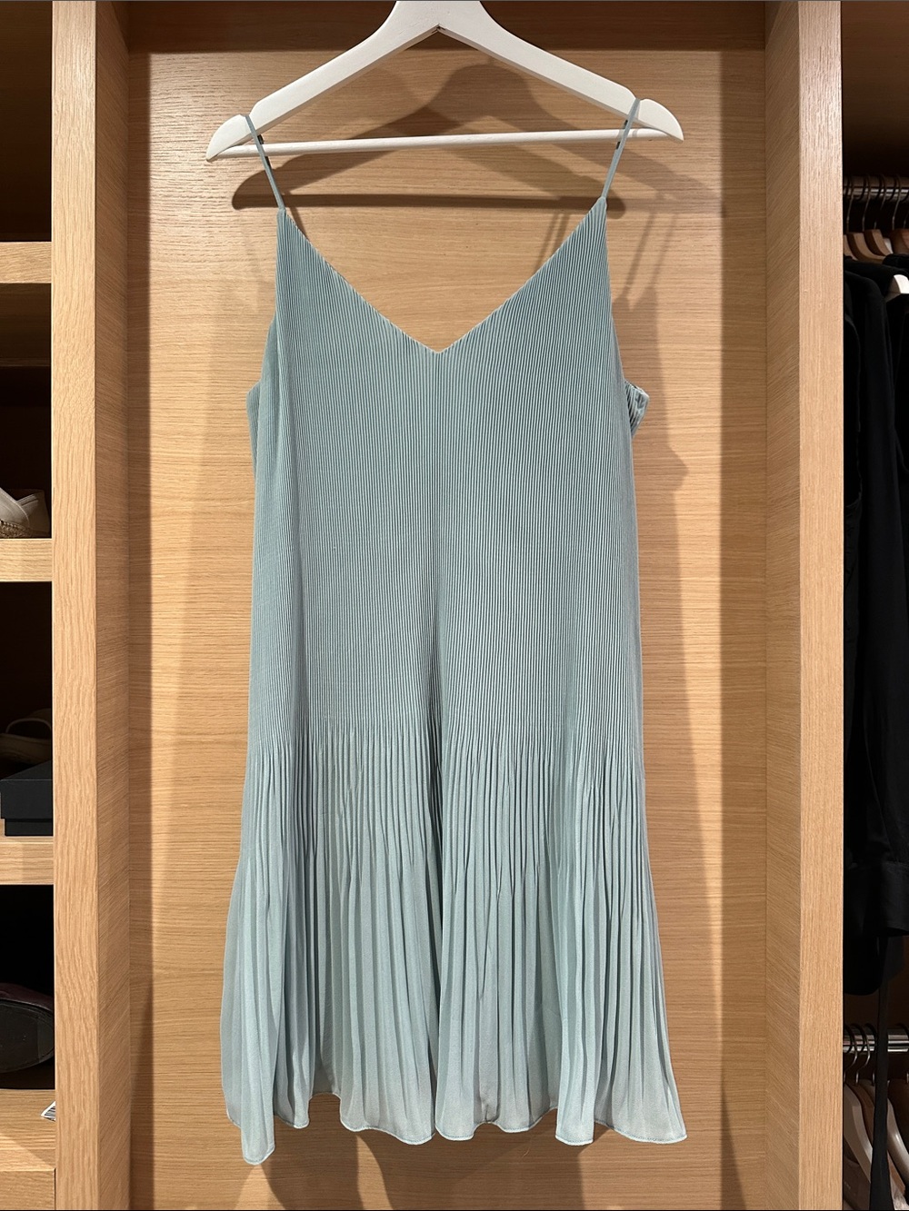 H&M Sage Green Pleated V‑Neck Slip Mini Dress